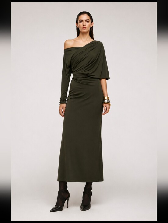 Zara Dresses & Skirts - Zara‎ Olive Green One-Shoulder Draped Maxi Dress